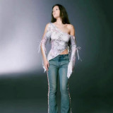 European and American style sexy ribbon jacquard print asymmetrical one-shoulder bell-sleeve off-shoulder top