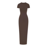 NEW VINTAGE Long Dress with Slit Ribbed Bodycon Dress Short Sleeve Long Dress