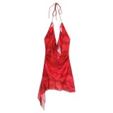 American-style sexy hot girl print V-neck asymmetrical strap dress with open back, ruffles, and tie straps