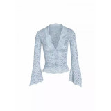 New sexy sheer top with a pure and alluring style, featuring a V-neck, hollow lace, bell sleeves, and a slim-fitting design