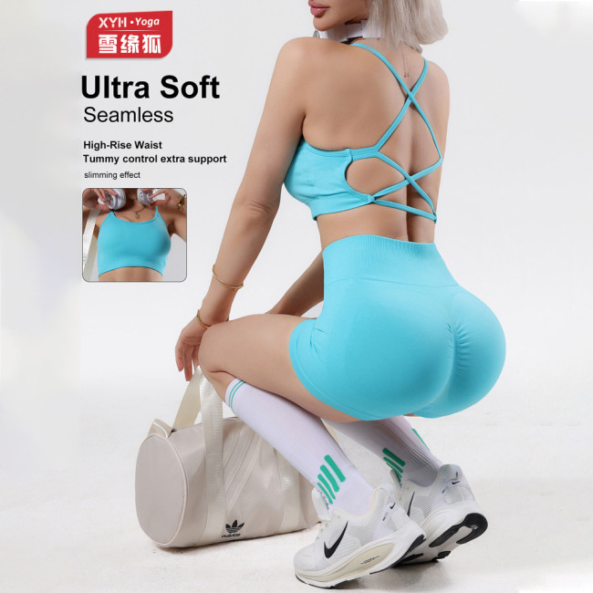 European and American style sports yoga outfit for women, cross-strap backless yoga bra, high-waisted tummy control and butt-lifting fitness shorts