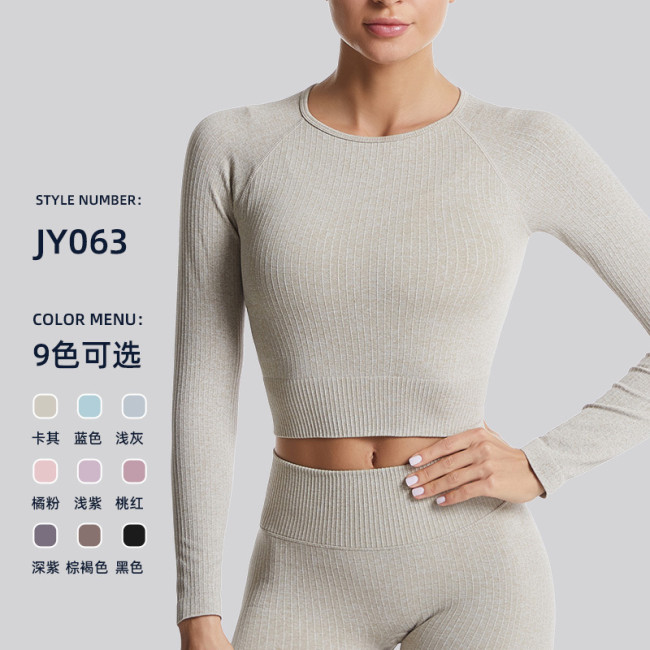 European and American cross-border quick-dry yoga long-sleeve top, ribbed plus-size sports fitness underwear, tight-fitting yoga top for women