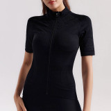 Summer fitness sports yoga cycling short-sleeve women's zip-up stand-up collar breathable quick-dry compression tight-fitting T-shirt with pockets