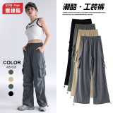 New quick-dry wide-leg cargo pants for women, American-style summer parachute hiking pants, loose-fitting jogger sports casual pants