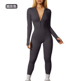 European and American cross-border sports jumpsuit, body-shaping, tummy control, butt-lifting, ribbed, long-sleeved, zippered, casual, tight-fitting long pants jumpsuit