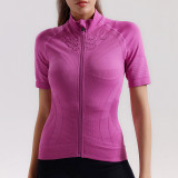 Summer fitness sports yoga cycling short-sleeve women's zip-up stand-up collar breathable quick-dry compression tight-fitting T-shirt with pockets