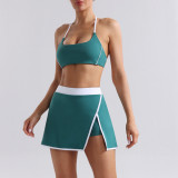 Nude-feel color-block yoga outfit for women, sports bra with beautiful back, tennis yoga skirt, running butt-lifting yoga pants