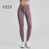 Same style ribbed drawstring high-waisted yoga pants, solid color plus-size sports pants for women, butt-lifting leggings