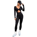 European and American style hollow-out sexy long-sleeve one-piece yoga outfit for women, with a twist design, tummy control, and peach butt effect