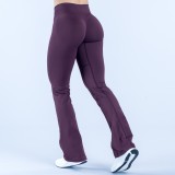 Full matte nylon front-cross waist peach butt yoga flared pants for women, suitable for outdoor running and fitness activities