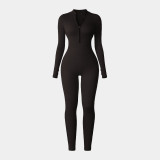 European and American autumn and winter one-piece sports yoga jumpsuit for women with zipper, stand-up collar, long sleeves, thumb holes, butt-lifting and tummy-control features