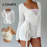Lightweight cross-border sun protection top, breathable yoga T-shirt, lace-up cover-up top with built-in bra, yoga outfit set