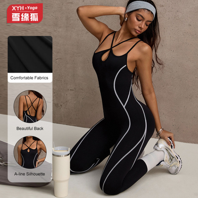 Popular cross-strap backless one-piece yoga outfit for women, color-blocking sports peach-butt fitness jumpsuit