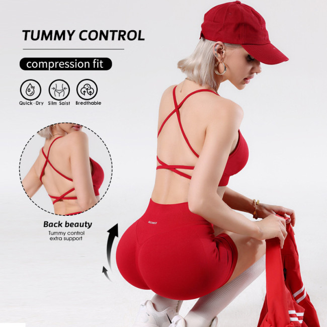 dfyne women's sports yoga set with cross-strap bra, tummy control and butt-lifting shorts, summer fitness workout set