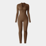 European and American autumn and winter one-piece sports yoga jumpsuit for women with zipper, stand-up collar, long sleeves, thumb holes, butt-lifting and tummy-control features