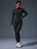 European and American autumn and winter one-piece sports yoga jumpsuit for women with zipper, stand-up collar, long sleeves, thumb holes, butt-lifting and tummy-control features