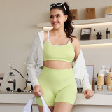 Cross-border spring-summer sports yoga outfit for women, featuring a contrasting color camisole with a beautiful back design, fitness bra, high-waisted tummy control and butt-lifting shorts