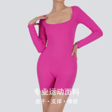 New autumn and winter square-neck long-sleeve one-piece fitness shorts for women, butt-lifting and shaping, indoor sports tight-fitting yoga jumpsuit