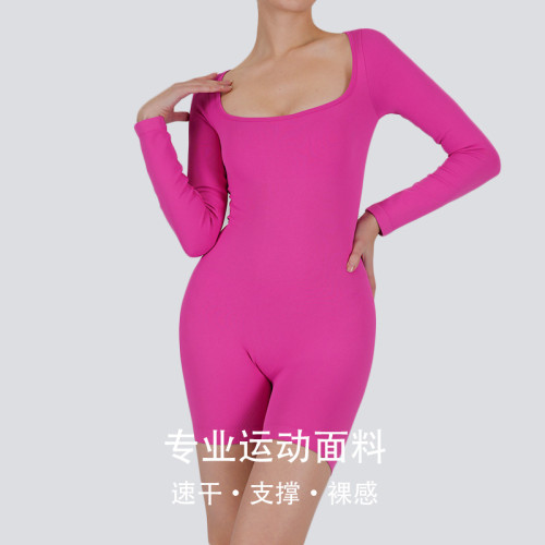 New autumn and winter square-neck long-sleeve one-piece fitness shorts for women, butt-lifting and shaping, indoor sports tight-fitting yoga jumpsuit