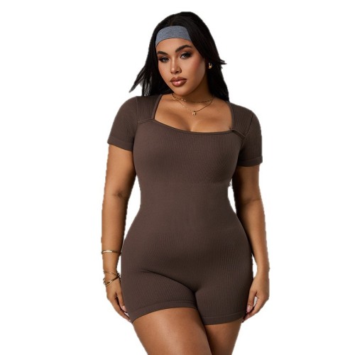European and American plus-size yoga jumpsuit for women, short-sleeved, tummy control, slimming, butt-lifting, suitable for outdoor wear, fitness jumpsuit