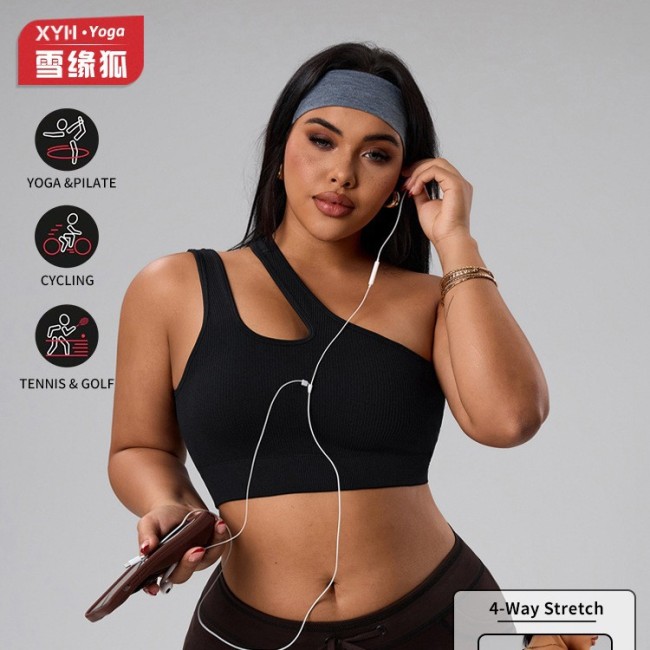 European and American plus-size one-shoulder ribbed sports yoga bra for women, breathable fitness top, T-shirt, tank top