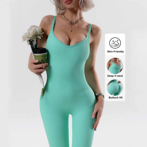 Cross-border yoga jumpsuit for women with spaghetti straps and beautiful back, fitness jumpsuit for outerwear, tummy control, peach butt sports jumpsuit
