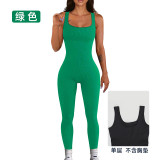 Single-layer, no chest pads, European and American cross-border one-piece bodysuit with wide shoulder straps, ribbed tight-fitting long pants, yoga fitness wear