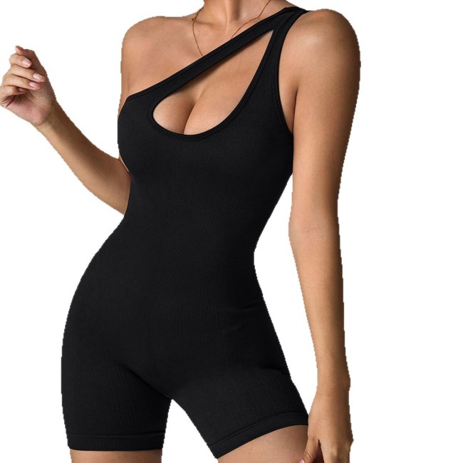 Asymmetrical shoulder strap seamless tight-fitting one-piece bodysuit for women, sports shorts, yoga wear, one-piece cycling pants, fitness and running wear