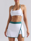 Nude-feel color-blocking sexy yoga set for women, tennis skirt, backless tight sports bra, fitness camisole underwear