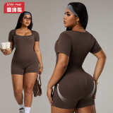 European and American plus-size yoga jumpsuit for women, short-sleeved, tummy control, slimming, butt-lifting, suitable for outdoor wear, fitness jumpsuit