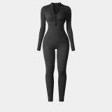 European and American autumn and winter one-piece sports yoga jumpsuit for women with zipper, stand-up collar, long sleeves, thumb holes, butt-lifting and tummy-control features