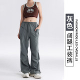 New American-style drawstring cargo pants for women, suitable for outdoor sports, running, fitness, hiking, loose-fitting, slimming, quick-drying, casual long pants