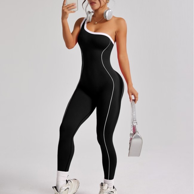 European and American cross-border bestseller seamless one-shoulder striped yoga jumpsuit, tight-fitting butt-lifting sports fitness wear for women