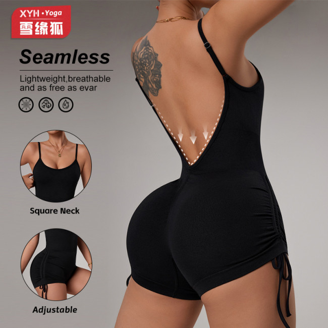 TK's popular yoga jumpsuit for women, with spaghetti straps, back V-neck, ruched design, butt-lifting, slimming and figure-flattering
