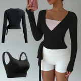 Lightweight cross-border sun protection top, breathable yoga T-shirt, lace-up cover-up top with built-in bra, yoga outfit set