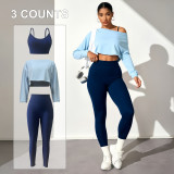 European and American cross-border fashion yoga three-piece set: seamless bra, tight leggings, long-sleeve top, women's sports yoga wear