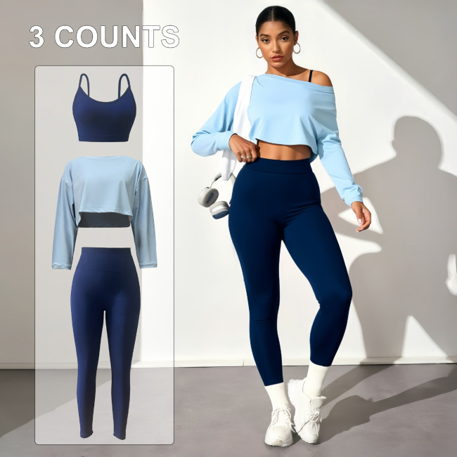 European and American cross-border fashion yoga three-piece set: seamless bra, tight leggings, long-sleeve top, women's sports yoga wear