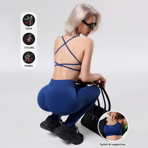 Women's sports yoga outfit set with beautiful back strap sports bra, running fitness tummy control peach butt yoga pants
