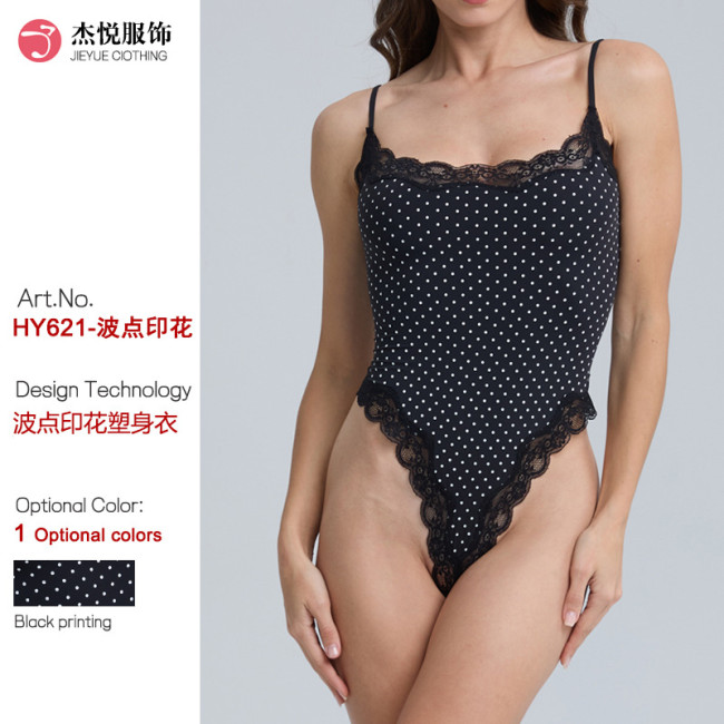 European and American cross-border one-piece shapewear with adjustable shoulder straps, slimming black lace polka dot bodysuit