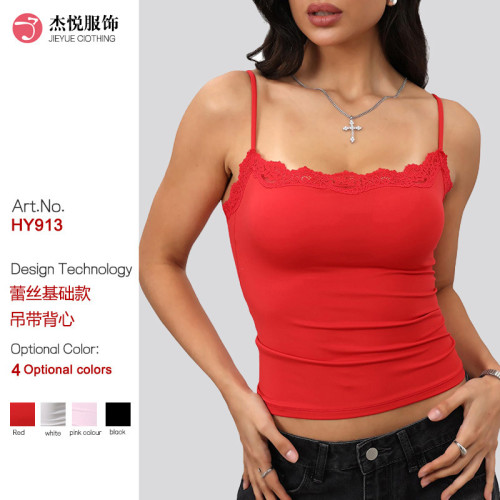 Cross-border European and American spring/summer sexy slim-fit lace top for women, square neck, sleeveless, off-shoulder, solid color camisole