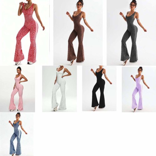 Popular in-stock leopard print flared yoga jumpsuits, hot-selling yoga jumpsuits wholesale