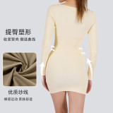 Cross-border autumn and winter new square-neck long-sleeve one-piece fitness short dress for women, peach butt-lifting tight-fitting sports one-piece short dress for women