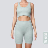 Cross-border seamless high-waisted yoga outfit for women, solid color knitted high-elastic ribbed butt-lifting sports running fitness short set