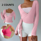 Lightweight cross-border sun protection top, breathable yoga T-shirt, lace-up cover-up top with built-in bra, yoga outfit set