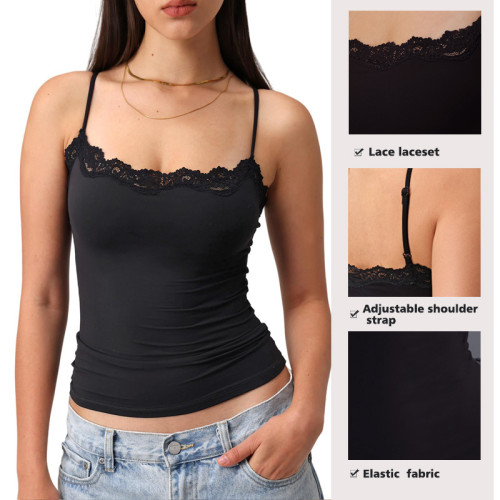 Cross-border European and American spring/summer sexy slim-fit lace top for women, square neck, sleeveless, off-shoulder, solid color camisole