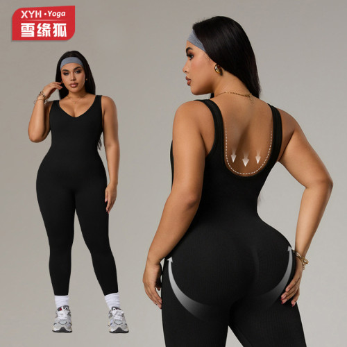 European and American plus-size yoga jumpsuit, tummy control slimming yoga bodysuit, peach butt fitness jumpsuit for outerwear