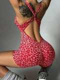Popular seamless yoga jumpsuit with removable chest pads, cross straps, and leopard print