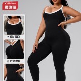 Plus-size European and American style color-blocked one-piece yoga jumpsuit for women with cross straps, beautiful back, waist-cinching, butt-lifting, fitness long jumpsuit