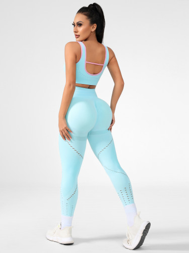 Manufacturer's seamless yoga set for women: sports bra, tight-fitting fitness yoga pants, butt-lifting leggings, peach butt, solid color