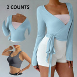 Lightweight cross-border sun protection top, breathable yoga T-shirt, lace-up cover-up top with built-in bra, yoga outfit set